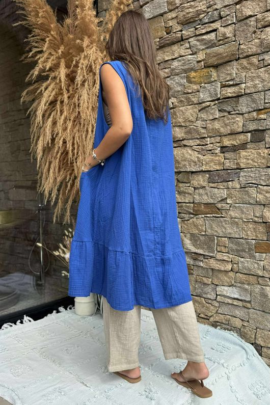 Made in Italy Pia Pillow Cotton Patch Pocket Peplum Dress Mediterranean Blue /58 